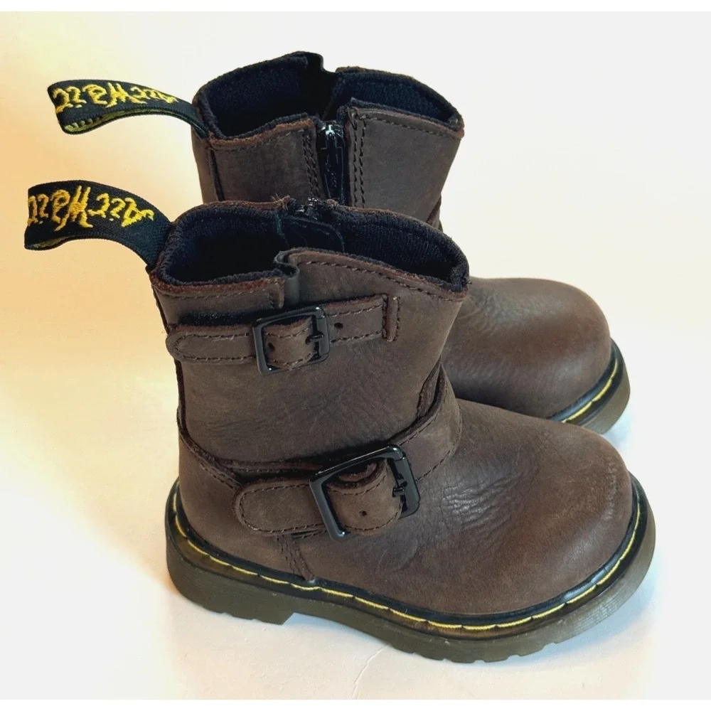 Dr. Martens Doc Jiffy Boots Brown Leather Zipper Buckles Toddler Baby Size 4